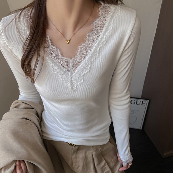 마켓에이 여성용 브이넥 레이스 소프트 긴팔 티셔츠 M263-A2666