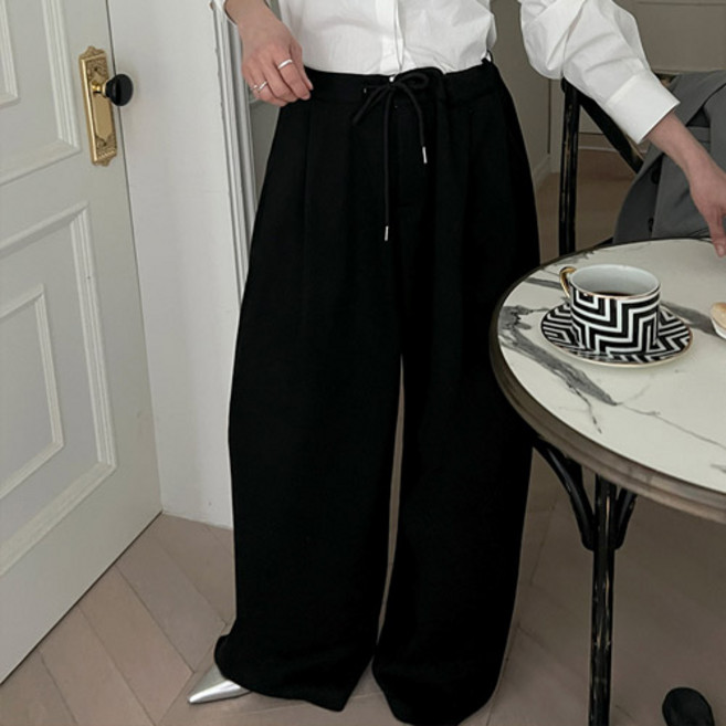 난닝구 여성용 도힐크 핀턱 와이드 스트링 팬츠