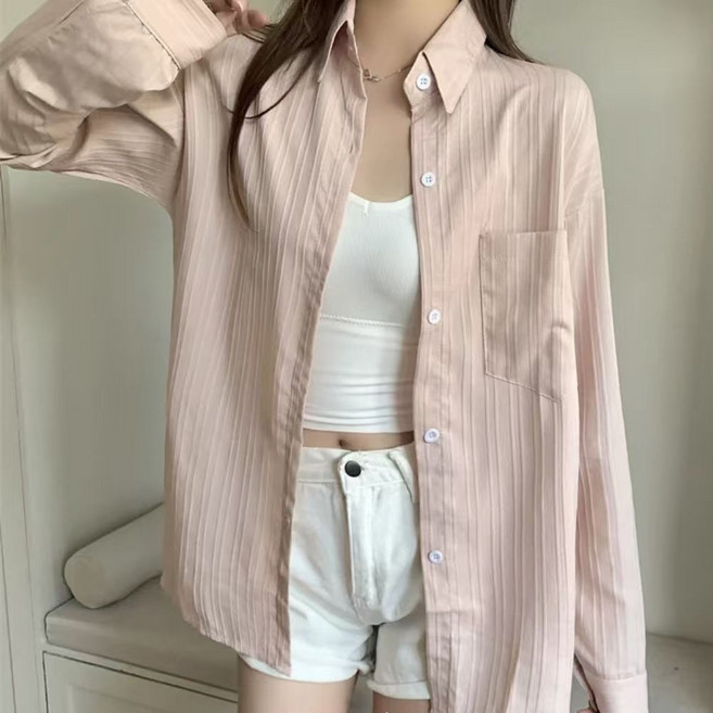 디멜디 여성용 세로줄무늬 시스루 긴팔 셔츠