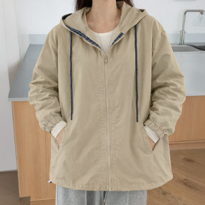 Lalaon 格紋拼色防風連帽拉鍊外套 26TSP3730