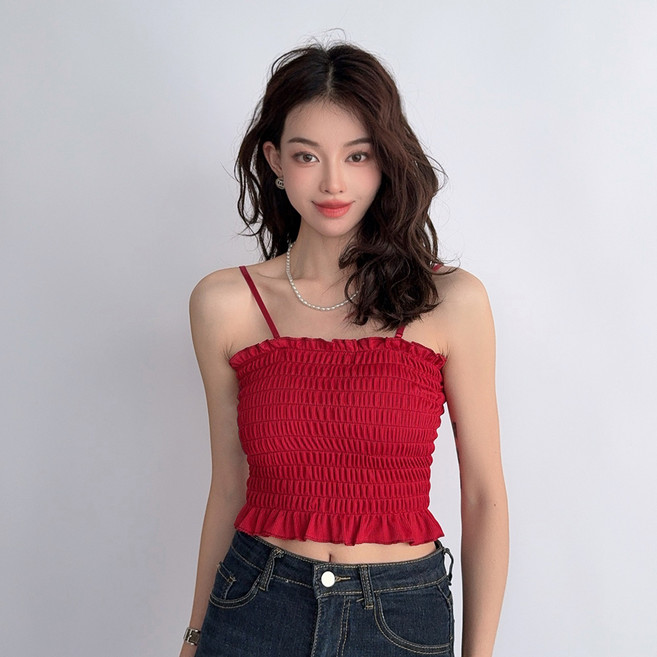 더시럽 여성용 스모킹 주름 크롭 일체형 브라탑 나시
