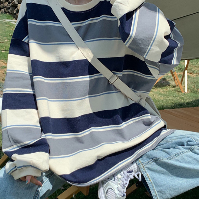 구디프 여성용 마일로 스트라이프 루즈 크루넥 맨투맨