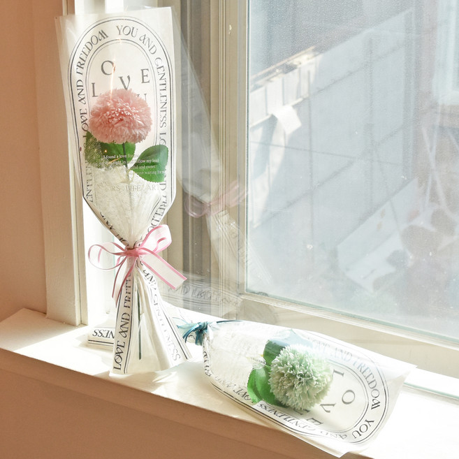 아스파시아 비누꽃 클레오 퐁퐁 카네이션 한 송이 꽃다발 2종 + 메세지픽 2p + 쇼핑백 2p 세트, 핑크 + 민트, 1개