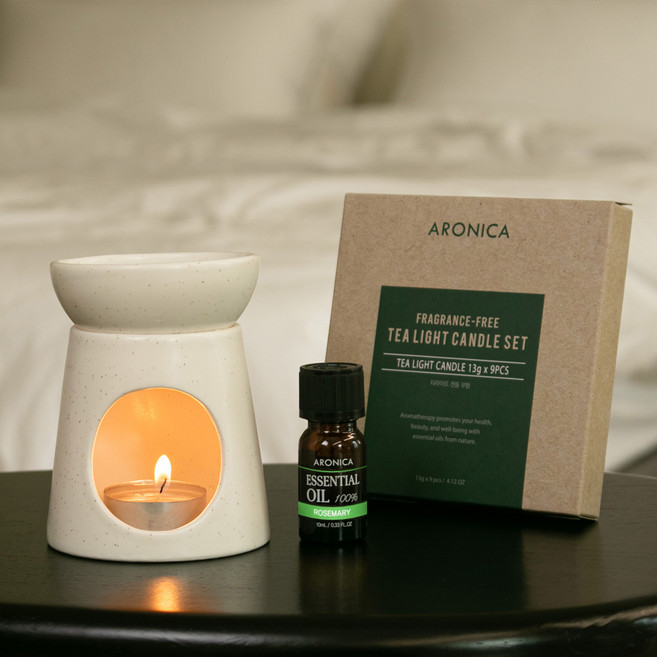 아로니카 세라믹 접시 오일 버너 50ml + 로즈마리 에센셜 오일 10ml + 티라이트 13g x 9p 선물 세트, 화이트(버너), 1개