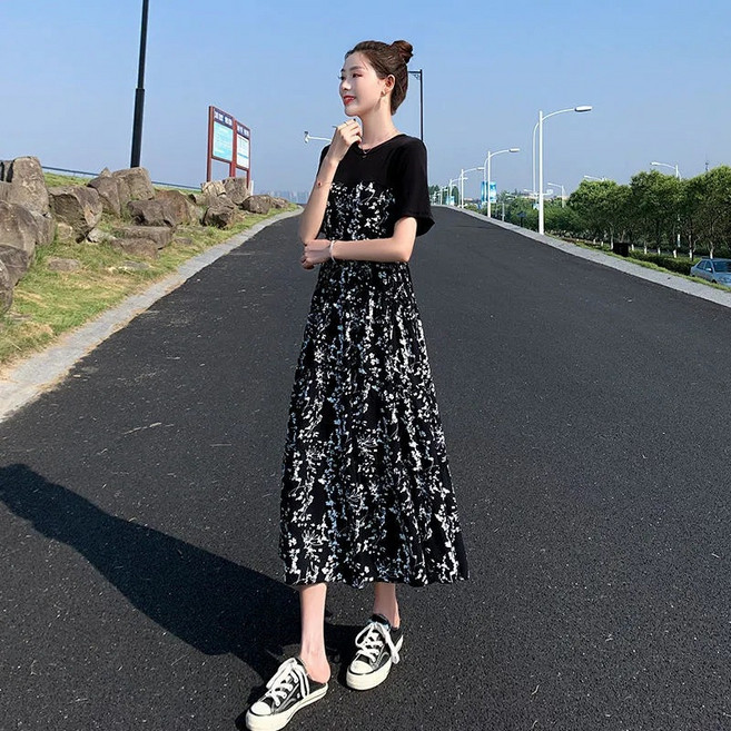 DMELD 女款夏季休閒日常碎花中長版洋裝, 黑色