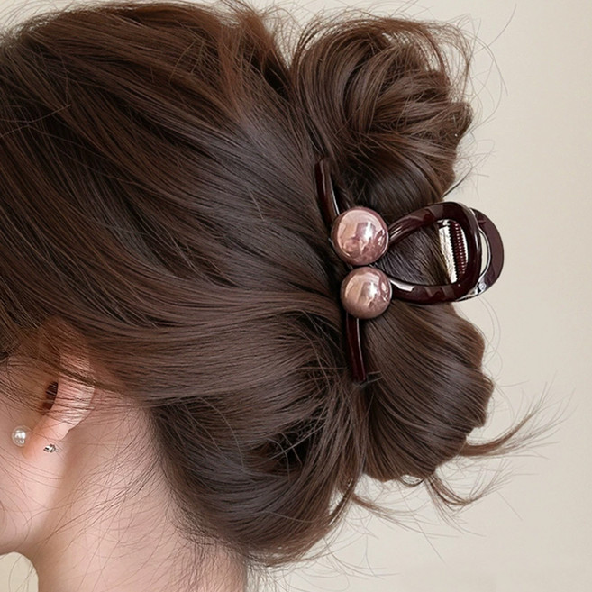 젤루나 더블 진주 브라운 헤어 심플 올림머리 고정 데일리 집게핀 H-208