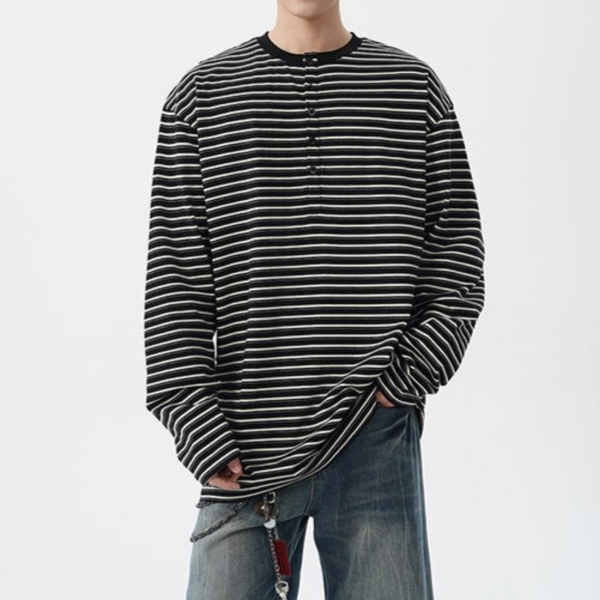 더플로우커머스 남성용 어반 내추럴 스트라이프 헨리넥 긴팔 티셔츠