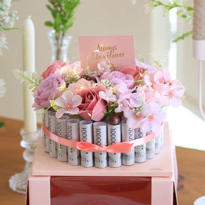 센트바스켓 조화 퓨어가든 플라워 용돈케이크 머니캡타입, 퍼플, 1개