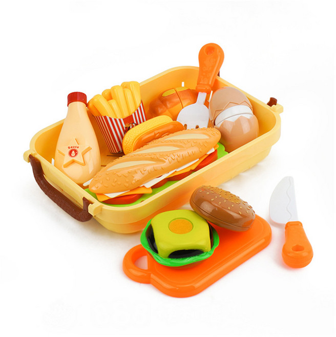 7入美式速食切切樂 雞蛋版 附收納籃 + 刀叉 + 砧板 ST安全玩具, 隨機顏色, 1個