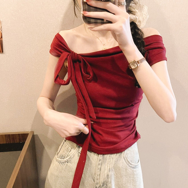 안다로미 여성용 리본 포인트 오프숄더 티셔츠