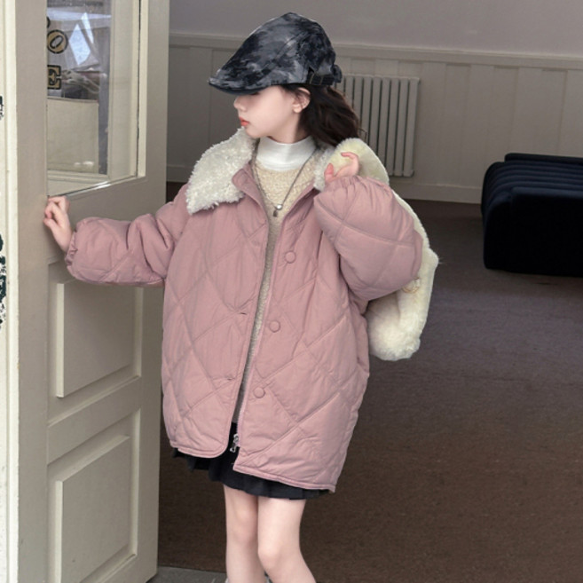 女童款不對稱毛領衍縫鋪棉夾克