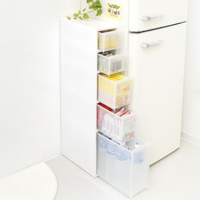 엠비코 모던 틈새 M1 스텝업 서랍장, 화이트, 반투명(서랍), 5개