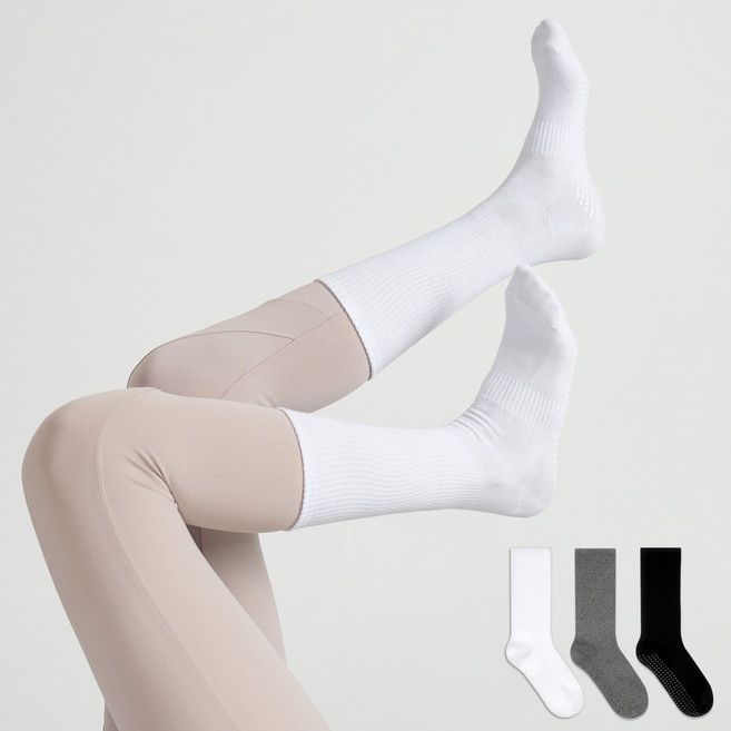 노디자인 여성용 프리미엄 논슬립 필라테스 요가 롱 양말 3켤레 세트 무지