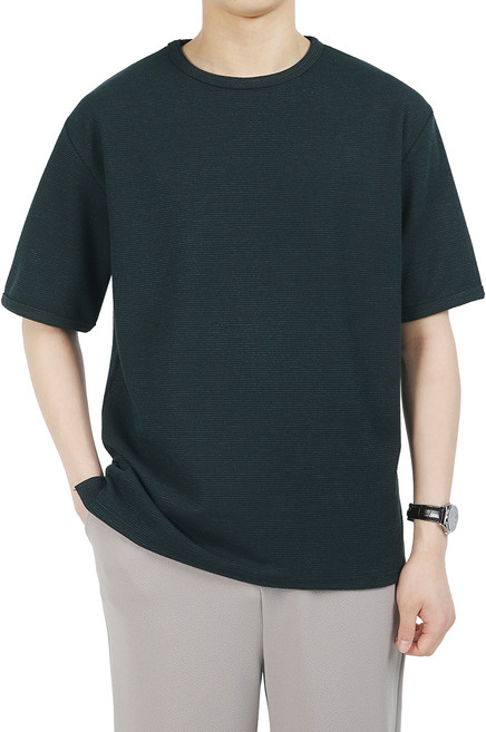 다꾸앙 남성용 반팔 오버핏 웨이빙 라운드 티셔츠 E04H9_tc3817