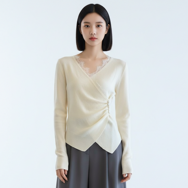 마켓피아 여성용 랩 스타일 레이스넥 긴팔 티셔츠