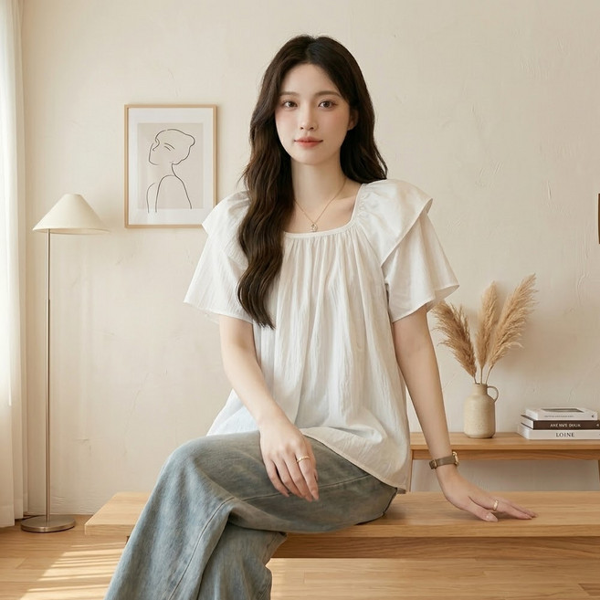 인피어스 여성용 플러스사이즈 스퀘어넥 커버 블라우스 I263-0190