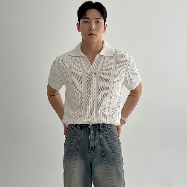 인피어스 남성용 오픈 카라 반팔 니트 I263-121