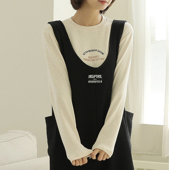 빼빼 여성용 라운드넥 레터링 기본 스판 긴팔 티셔츠