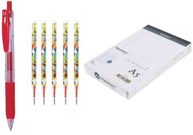 시그니처 리갈패드 절취 유선 줄노트 A5 5p + 젤잉크펜 0.5mm + 리필심 5p 세트, 화이트(리갈패드), 레드(펜), 레드(리필심), 1세트