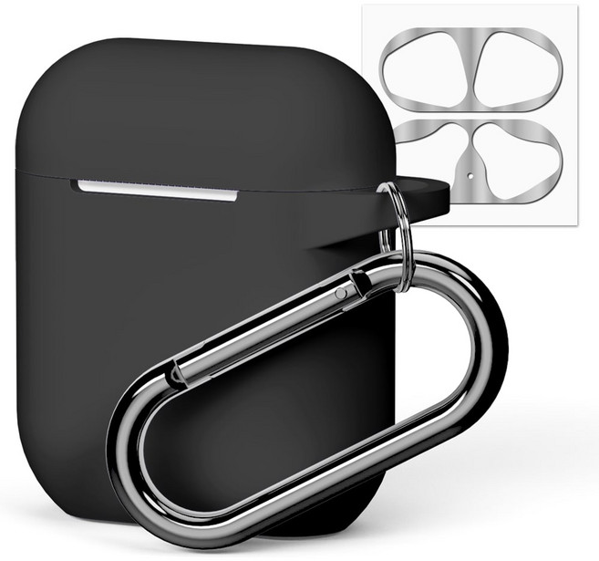 구스페리 에어팟 실리콘 케이스 + 철가루방지 스티커 + 카라비너 세트, 에어팟 1 / 2세대, 블랙, 1개