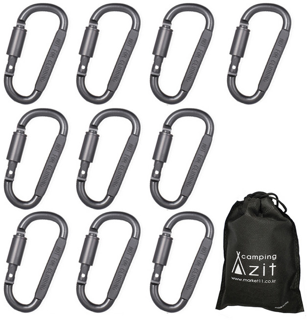 고강도 락 카라비너 10p + 부직포 주머니 D형 두랄루민 8.2cm x 4.2cm, 메탈 그레이, 1개