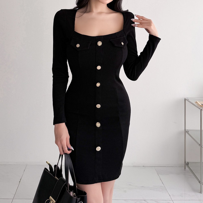 글램디브 지하딘 스퀘어넥 금장 버튼 슬림 미니원피스 AB0255