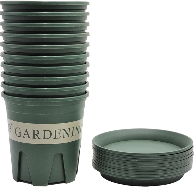 Gardenit 園藝用 塑膠 開縫花盆 + 開縫底盤 套組, 現代綠色, 10件