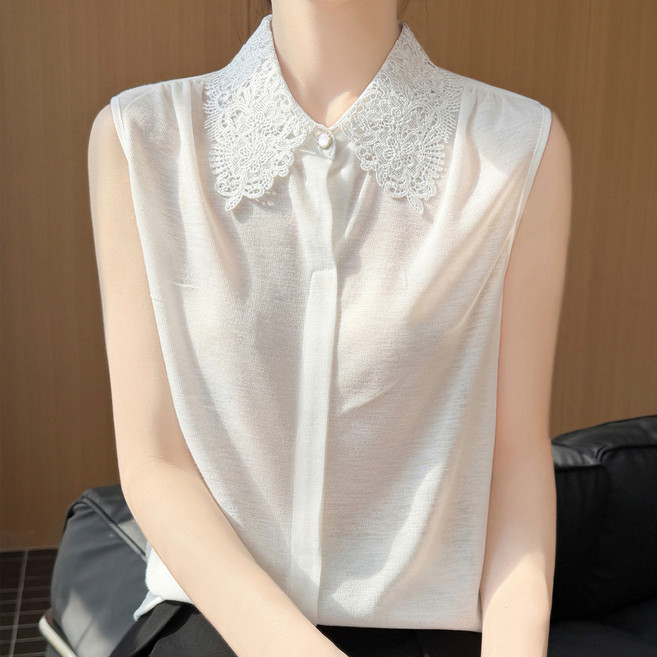 더시럽 여성용 얇은 시스루 레이스 폴로 민소매 니트