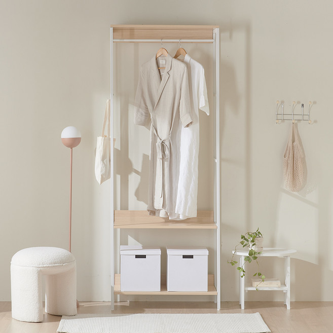 웰퍼니쳐 루미 시스템행거 드레스룸 1단 행거형 방문설치, 화이트 + 오크