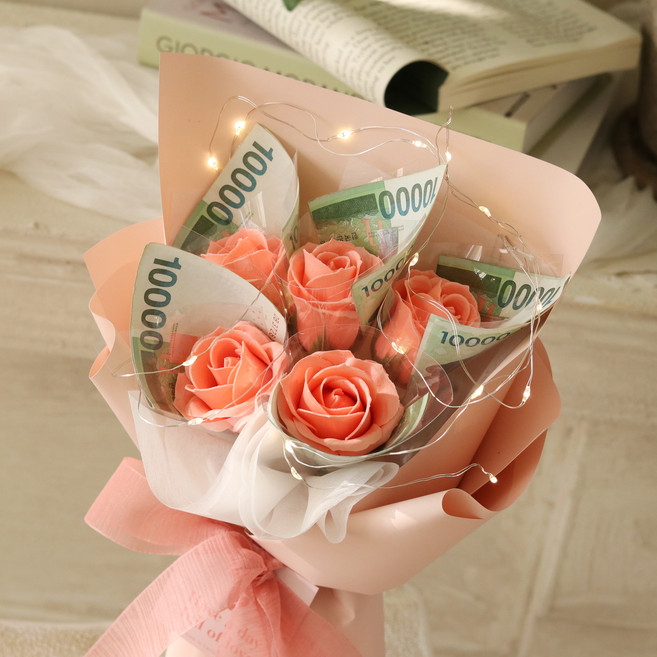 용돈 비누꽃 돈꽃다발 LED조명 5송이 세트, 코랄, 1개