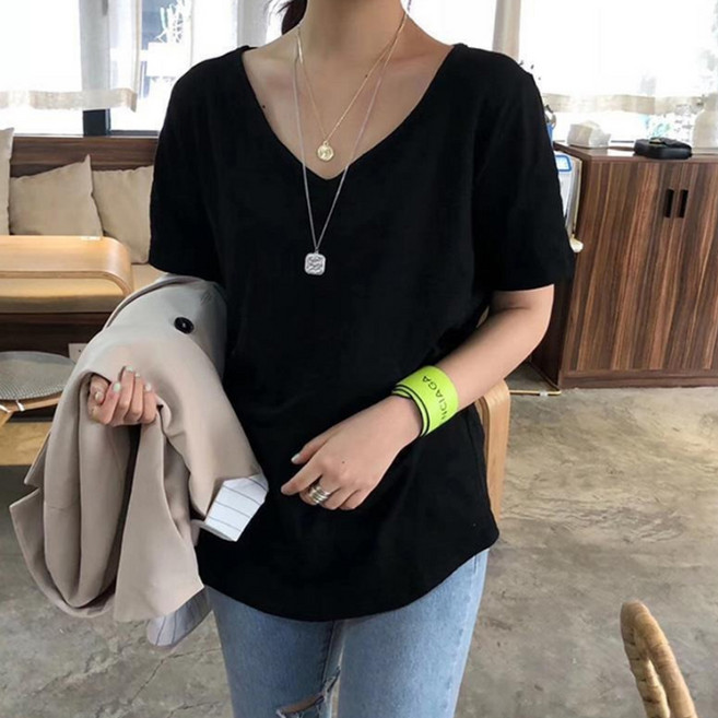 Goodif 女款透氣棉質短袖V領T恤