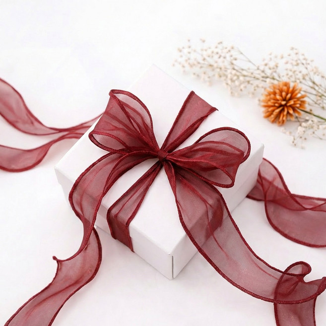 리드홈 오간디 레이스 쉬폰 망사 선물 포장 리본끈 40mm, 와인, 1개, 9m