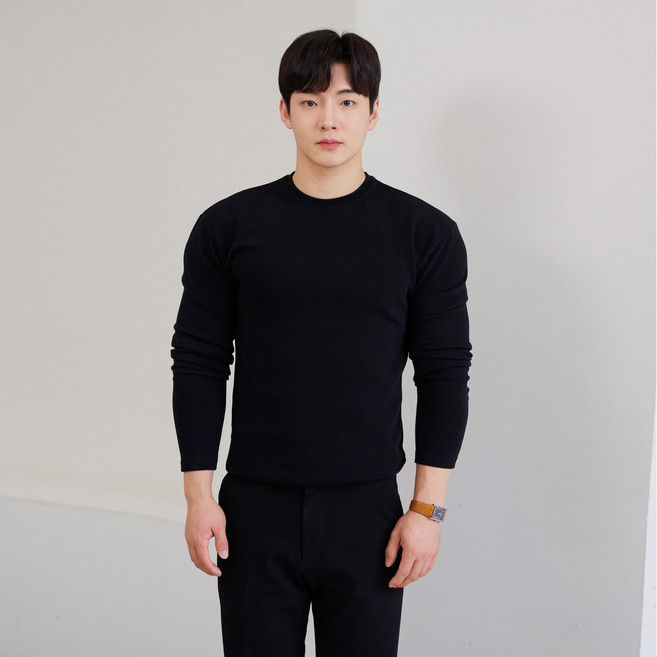 핵쿨남 남성용 쫀득 라운드 긴팔 티셔츠