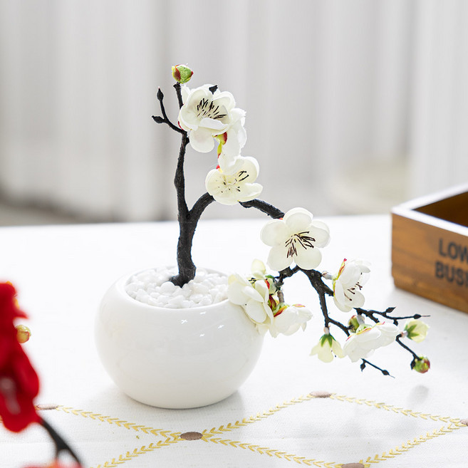 플라워트리 조화 봄날 자갈위 한그루 매화 화분 세트 21 x 22 cm, 화이트, 1개