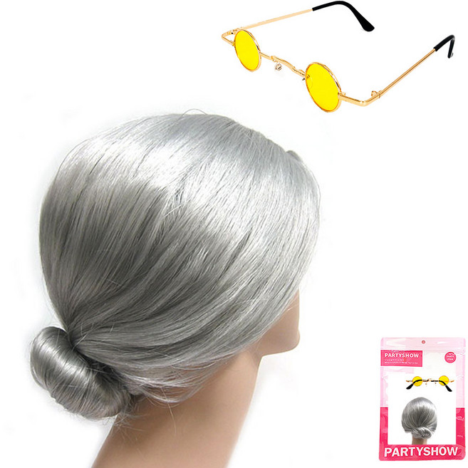 파티쇼 할머니 가발 + 레트로 미니 안경 세트, 실버(가발), 금테옐로우(안경), 1세트