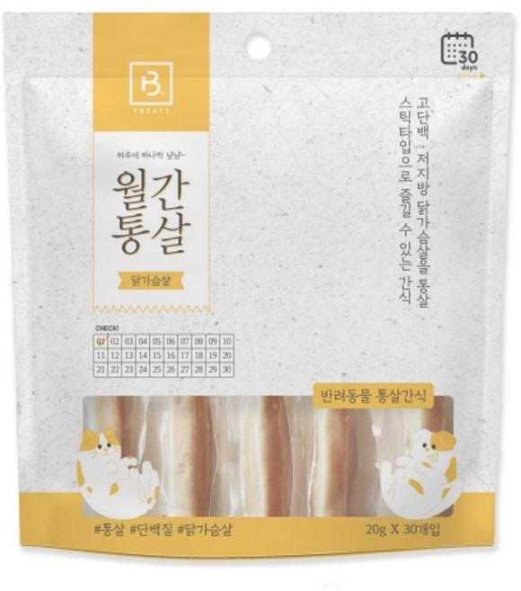 브리더랩 반려동물 월간통살 스틱타입 간식, 닭가슴살, 20g, 30개