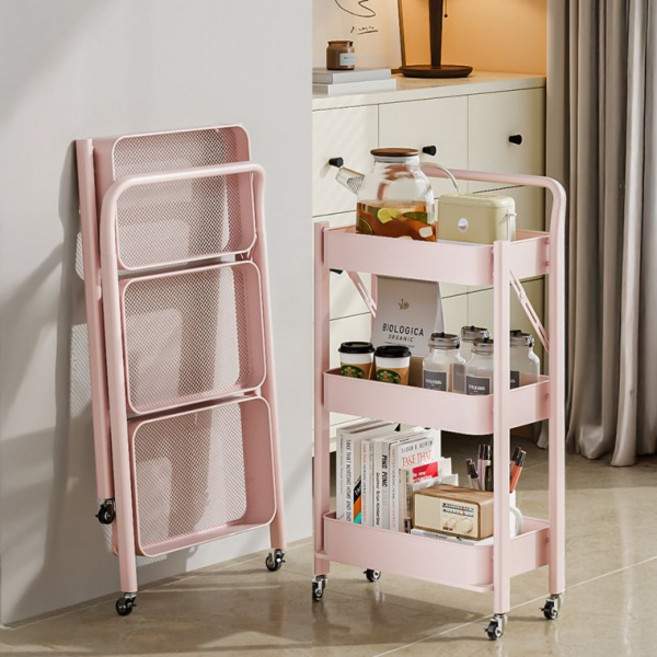 공간활용 접이식 이동 수납 트롤리 SH105, 핑크, 3단