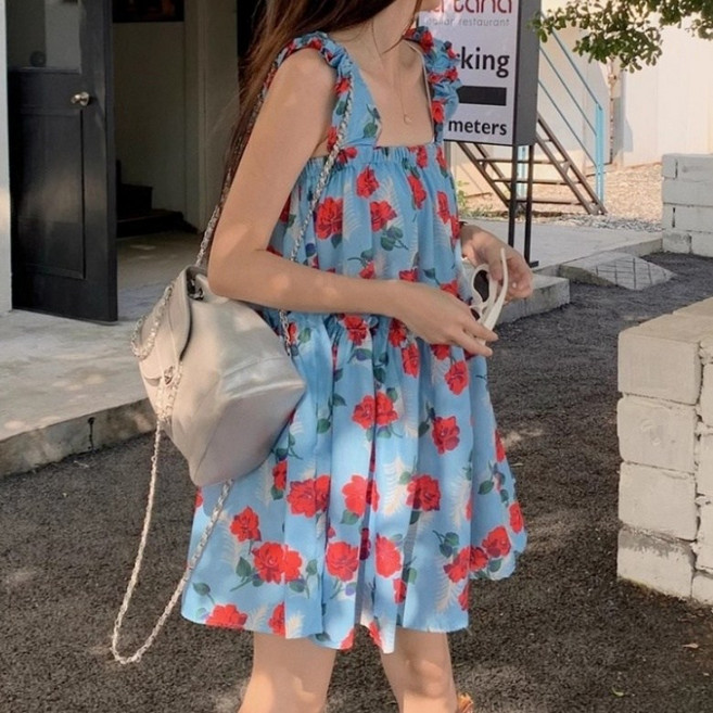 아이엠몽 여성용 루즈핏 스퀘어넥 레드 플라워 프릴 슬리브리스 원피스 R6H188