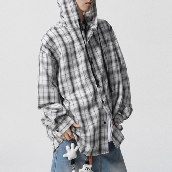 제이티엘 남성용 커버 남방 라이트 체크 후드 셔츠