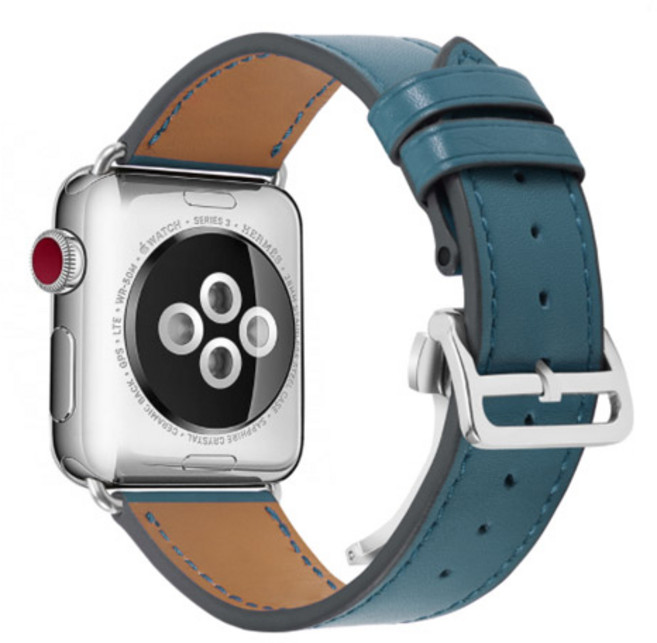 4YOU Apple Watch 3/4/5/6/7/SE 蝴蝶扣皮革錶帶 (相容38/40/41mm), 天藍色, 1個