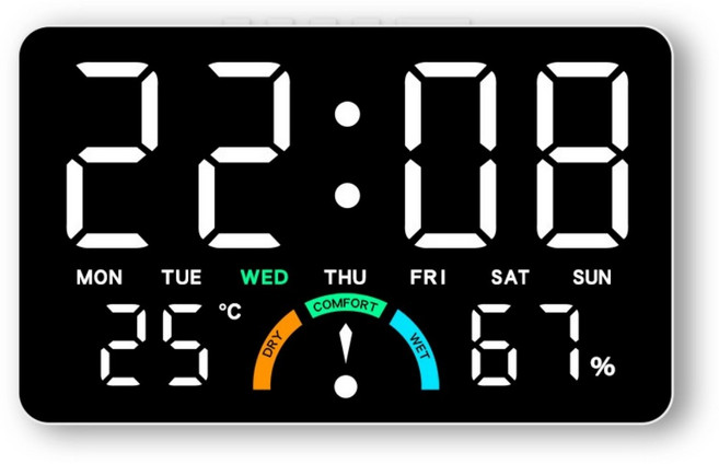 Couselect 居家溫濕度LED電子鐘 簡約大屏掛立兩用 多功能床頭鬧鐘, 白殼白燈 數位式