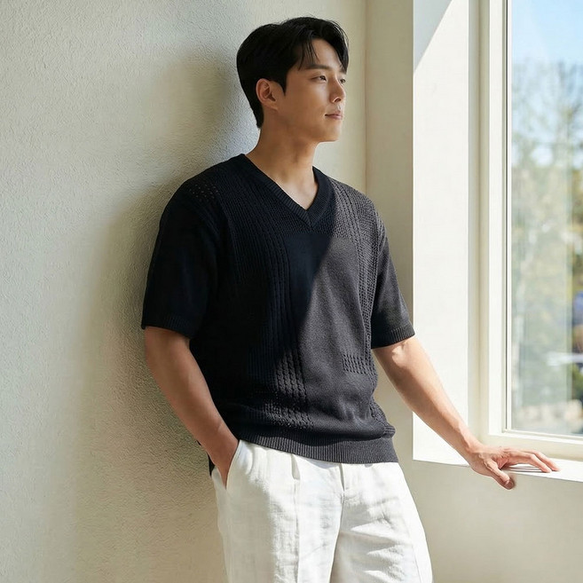 맨즈건 남성용 트멜 펀칭 브이넥 니트 반팔 티셔츠 10105