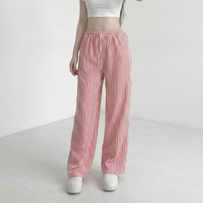 아이캔심플 여성용 스트라이프 밴딩 스트링 와이드 여름 팬츠