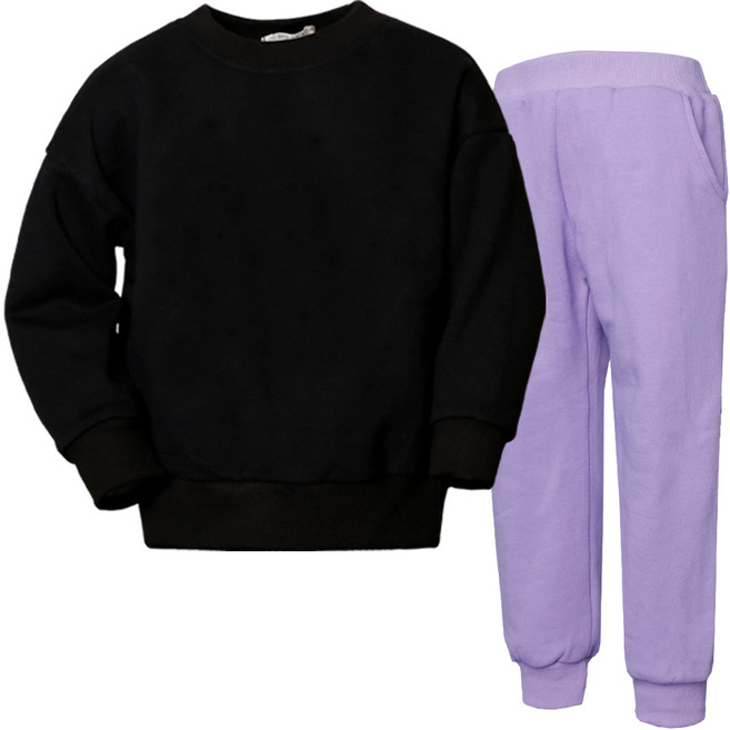 유라비 아동용 무지 베로니카 라운드 넥 면 긴팔 맨투맨 + 밴스 밴딩 트레이닝 조거 팬츠 세트
