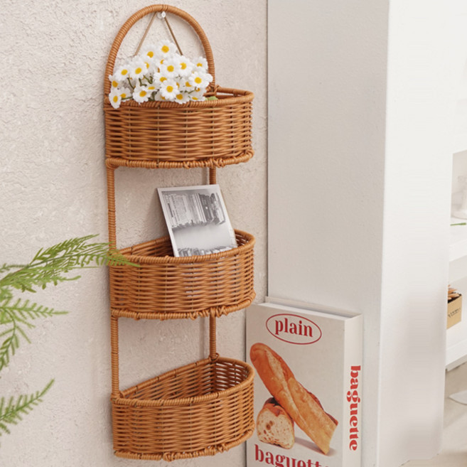 내일의공간 원형 pp 벽걸이 라탄 바구니 선반, 1개, 네츄럴