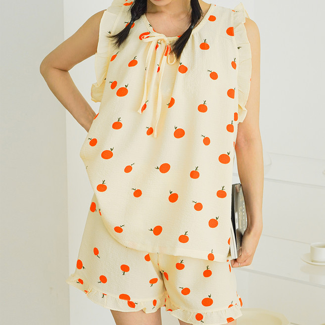 파란 여성용 냉감 프릴 나시 잠옷 상하의 세트