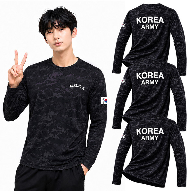 Milibro ROKA 涼感 KOREA ARMY 長袖T恤 3件組, 黑色數位, 黑色數位, 黑色數位