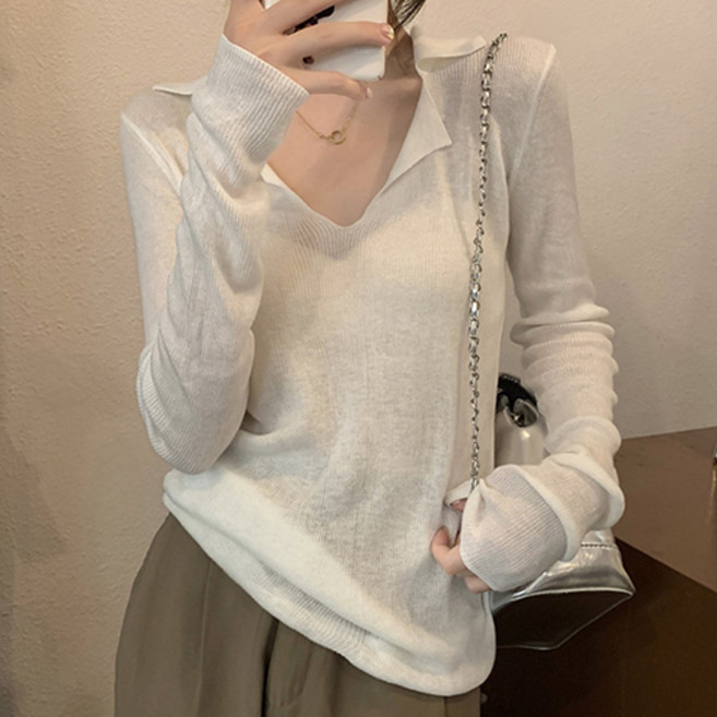 레몬소울 여성용 하딘 오픈카라 브이넥 긴팔 니트