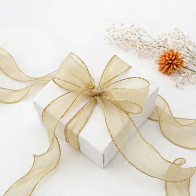 리드홈 오간디 레이스 쉬폰 망사 선물 포장 리본끈 40mm, 골드, 1개, 9m