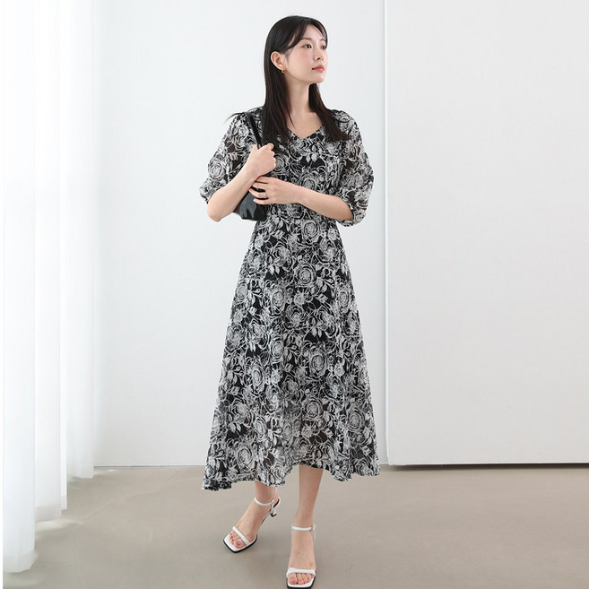 fromco 女款V領短袖碎花雪紡長洋裝 FRC205, 黑色